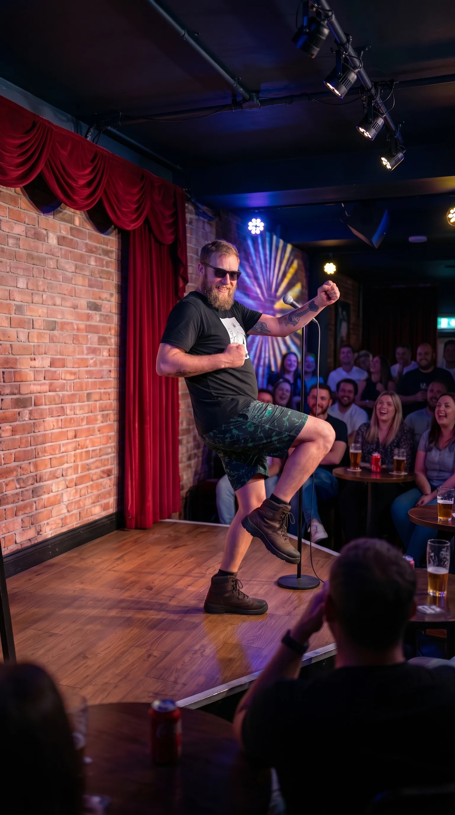 A comedian on stage at a comedy club, with the audience laughing