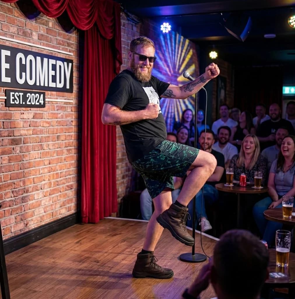 Stand-up comedian mid-kick on stage in front of a laughing pub audience