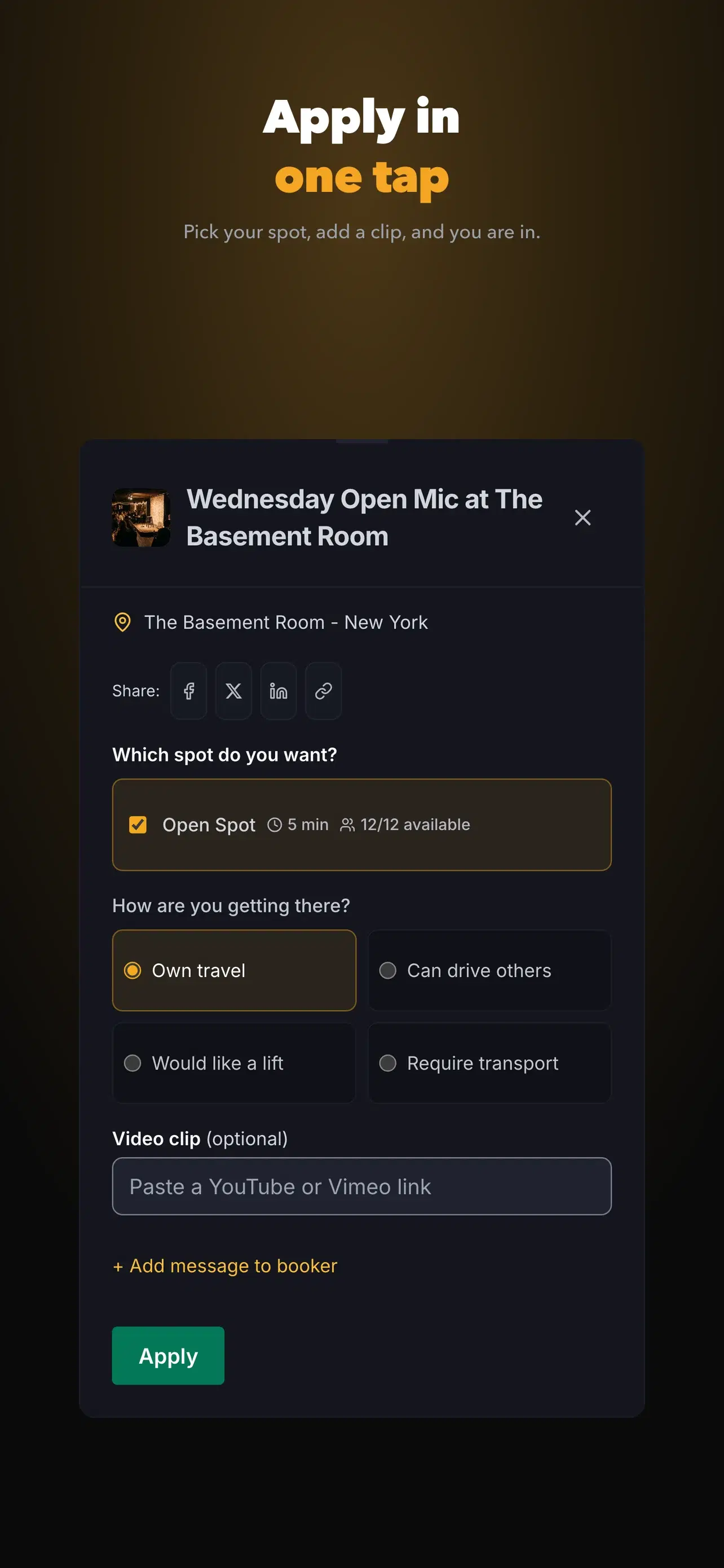 Stagebook apply screen - pick your spot, add a clip, and apply in one tap
