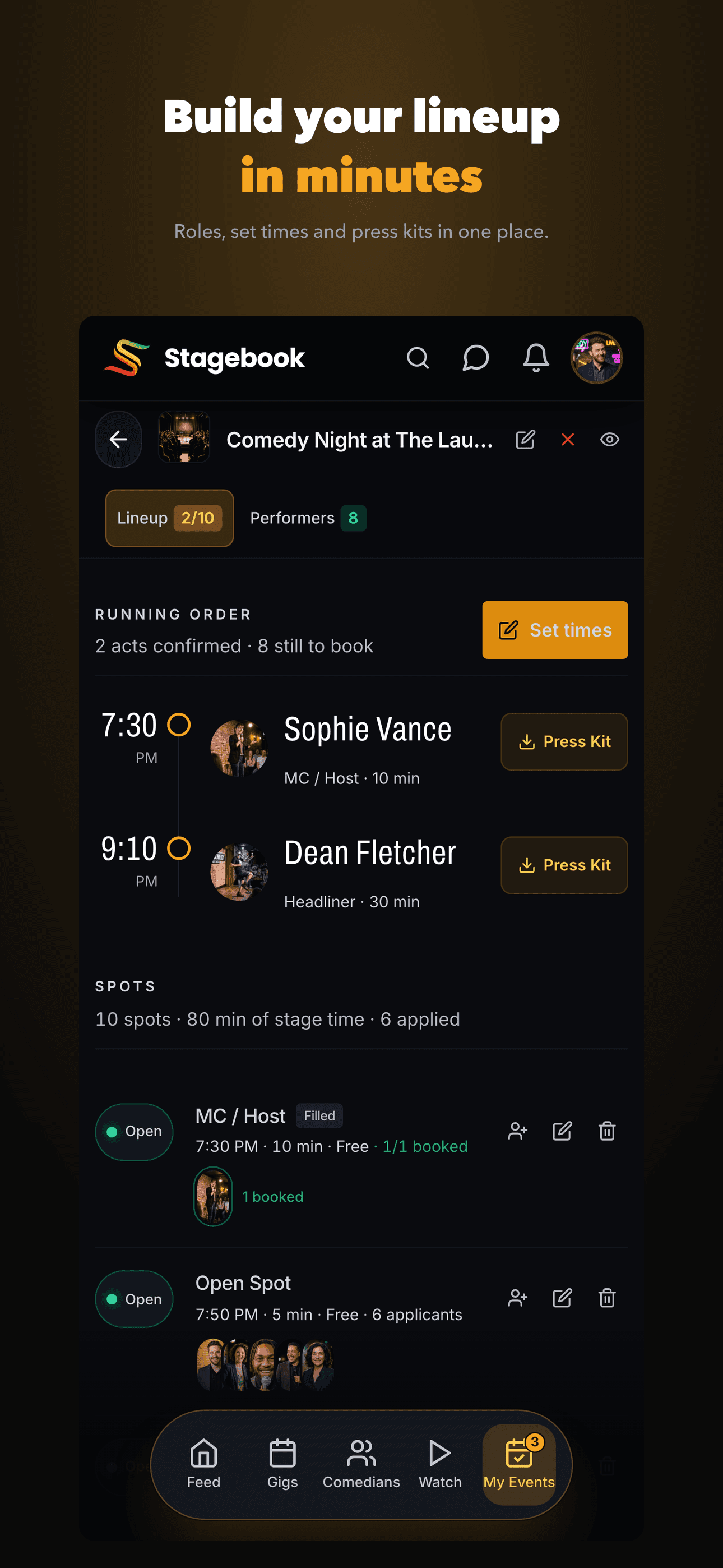 Stagebook lineup screen - roles, set times and press kits in one place
