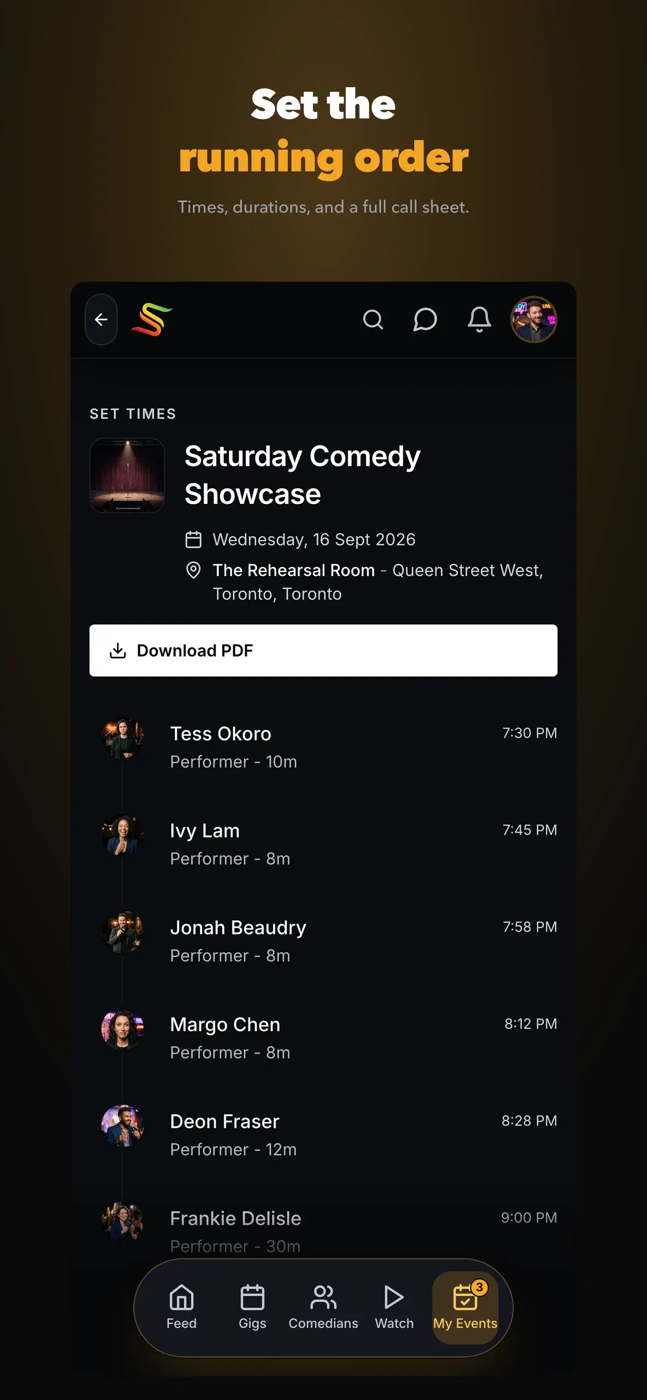 Stagebook running order screen - set times and download the call sheet