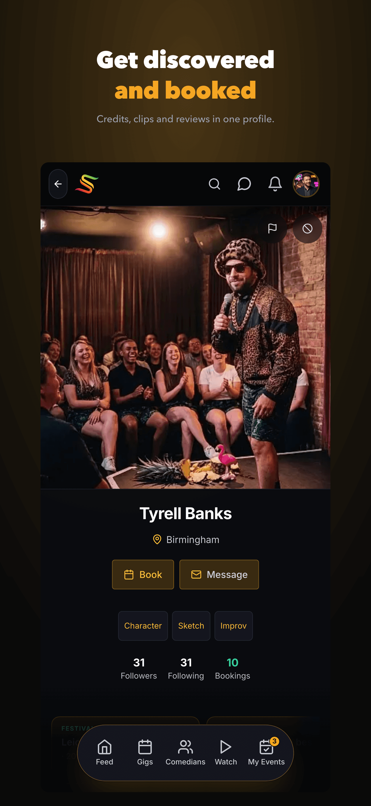 Stagebook comedian profile screen - credits, clips and reviews