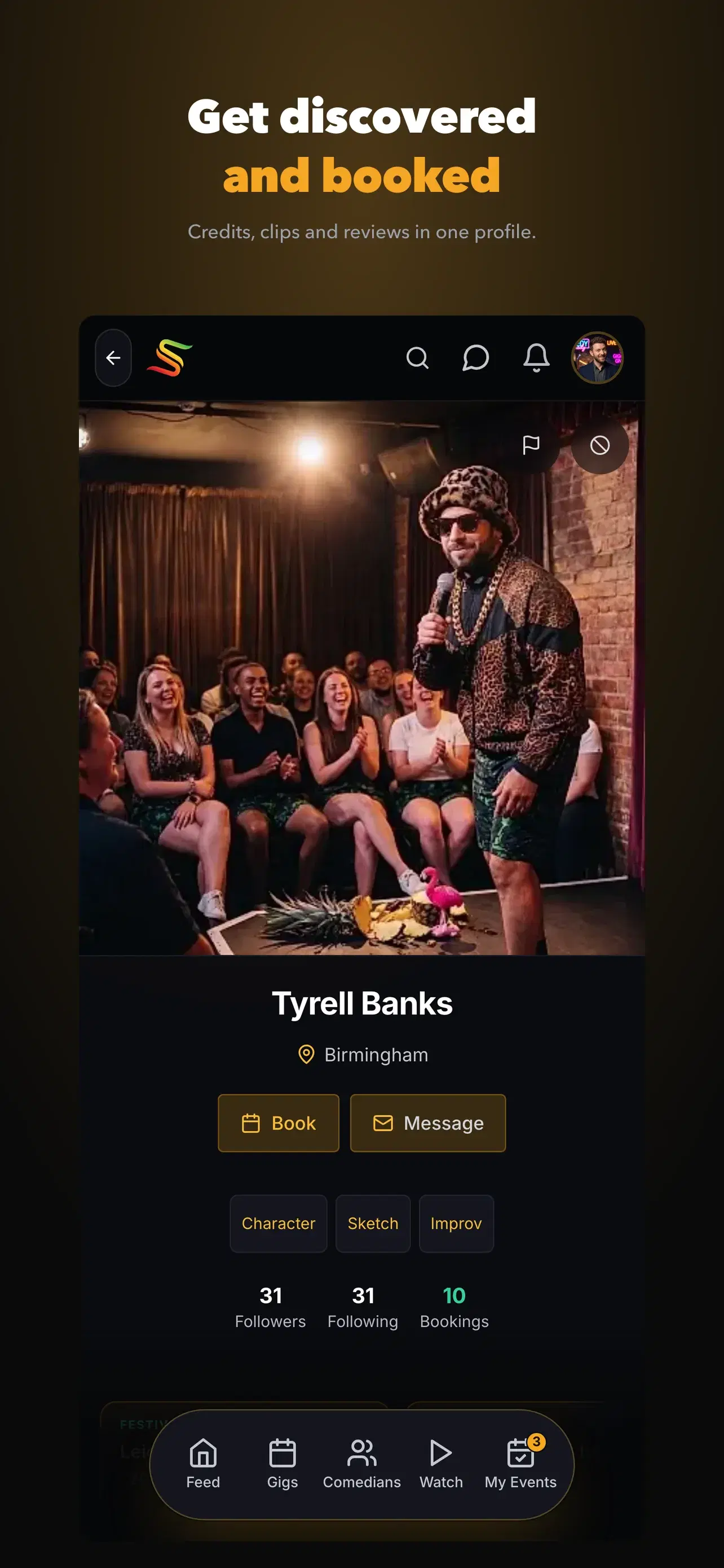 Stagebook comedian profile screen - credits, clips and reviews