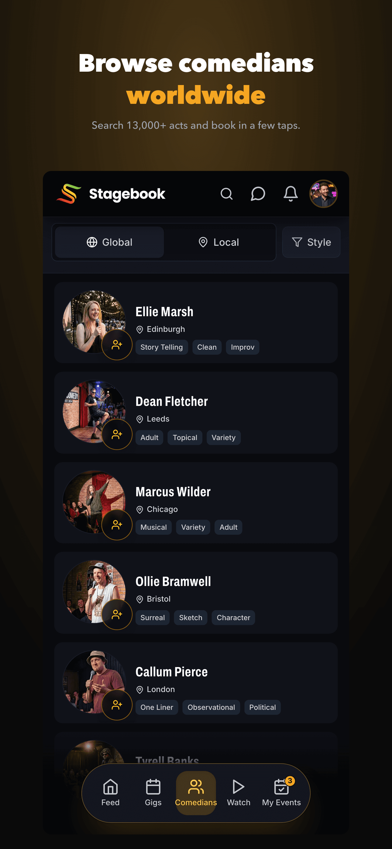 Stagebook comedians screen - browse and book acts worldwide