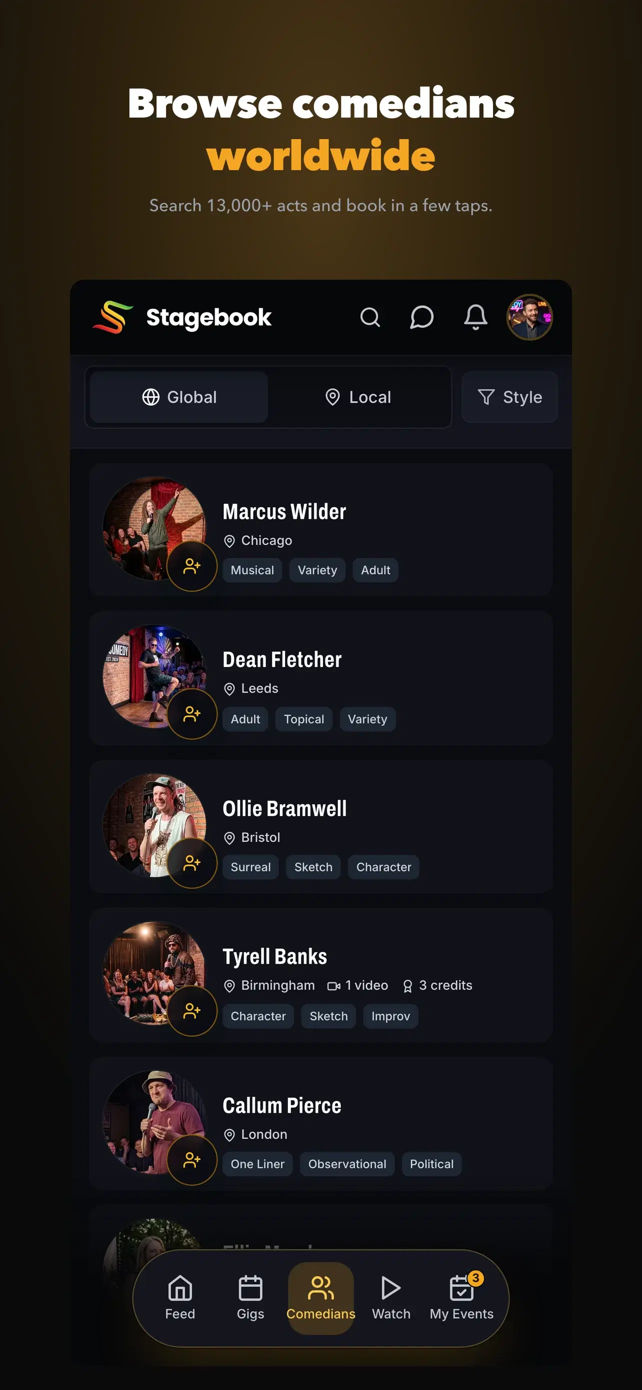 Stagebook comedians screen - browse and book acts worldwide