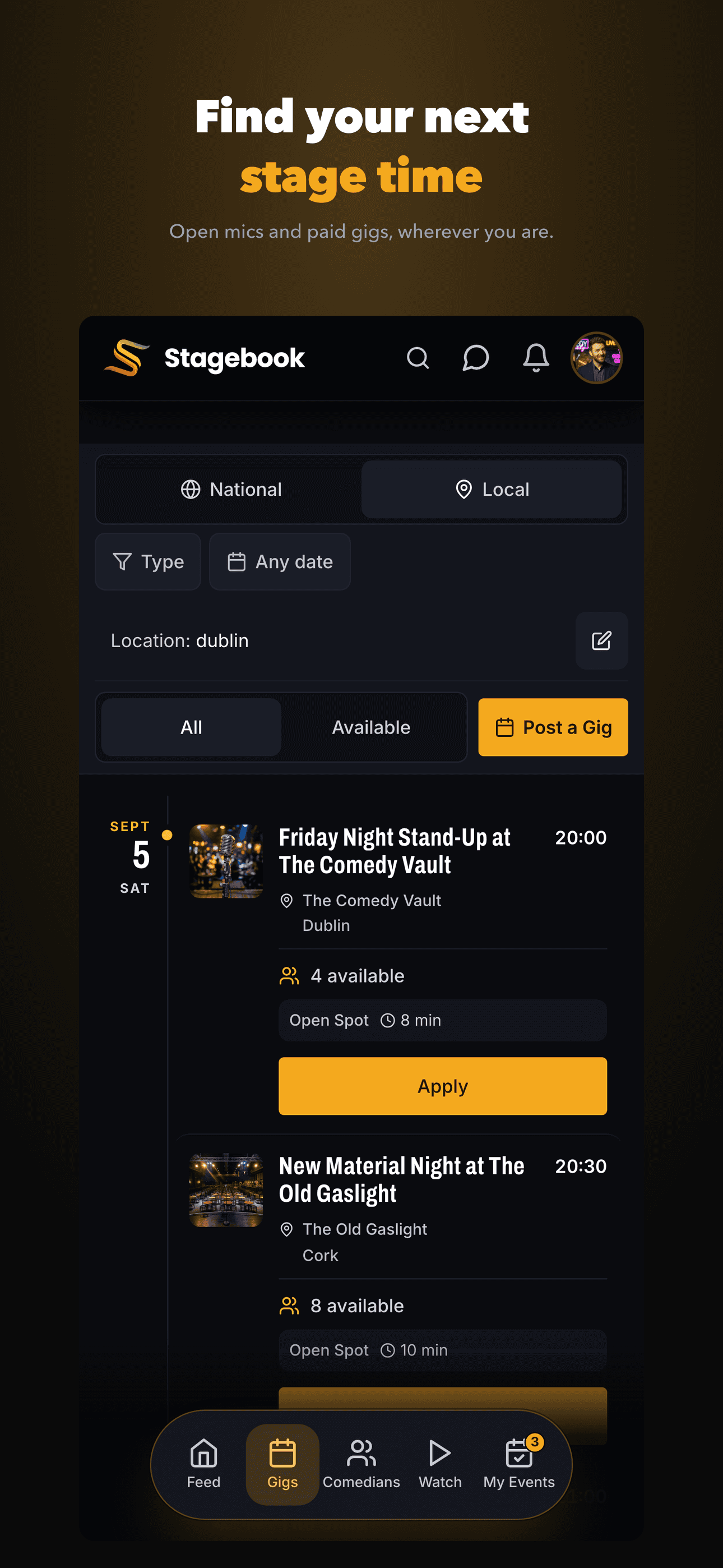 Stagebook gigs screen - find open mics and paid gigs near you
