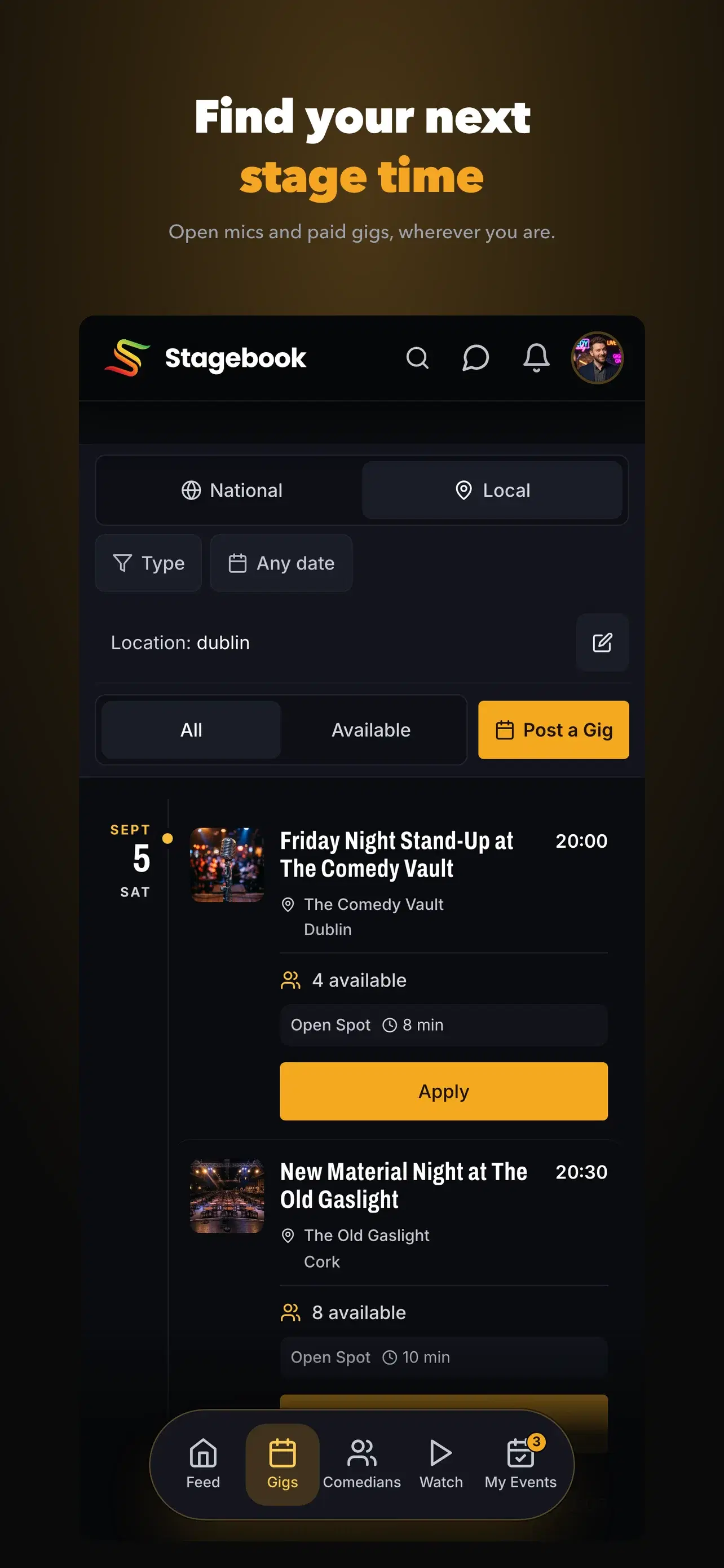Stagebook gigs screen - find open mics and paid gigs near you
