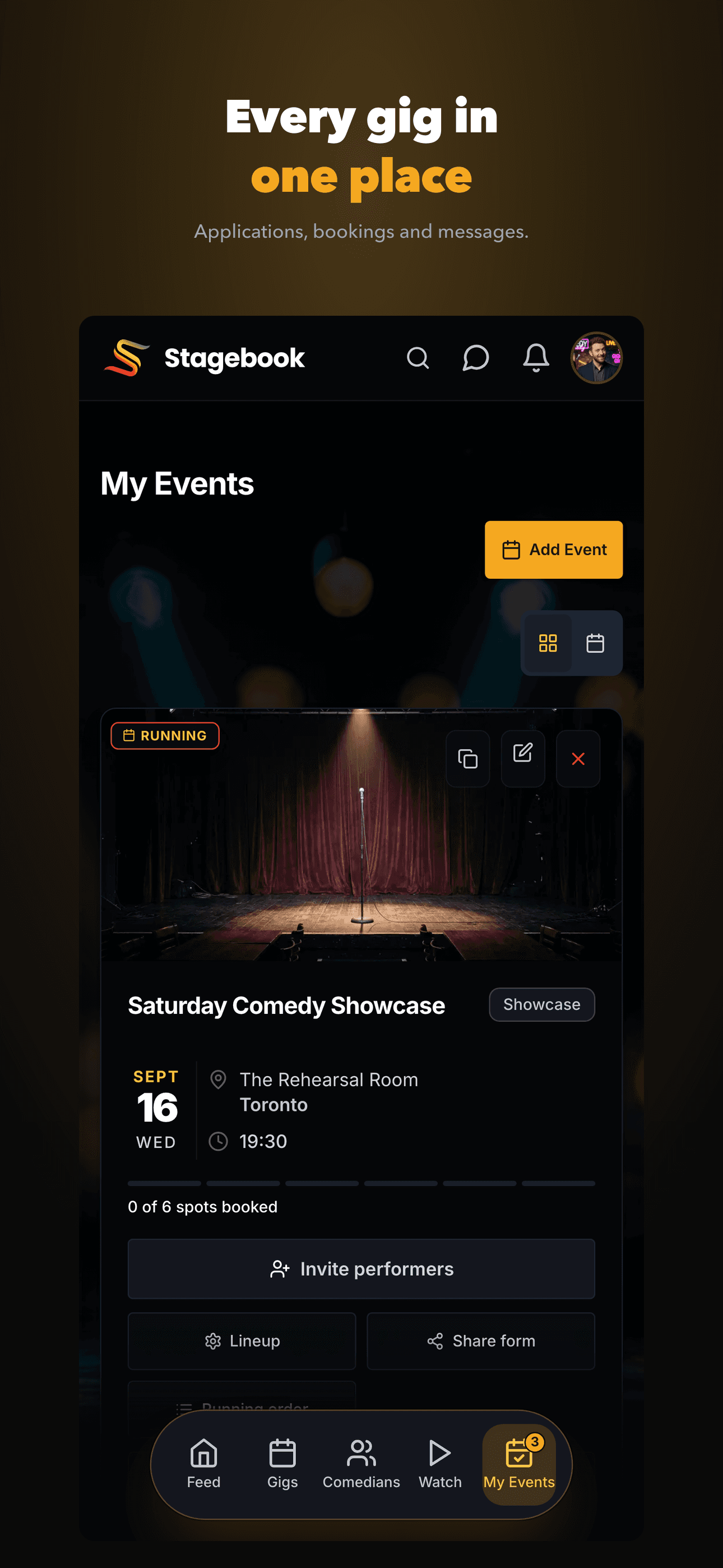 Stagebook my events screen - applications, bookings and messages in one place