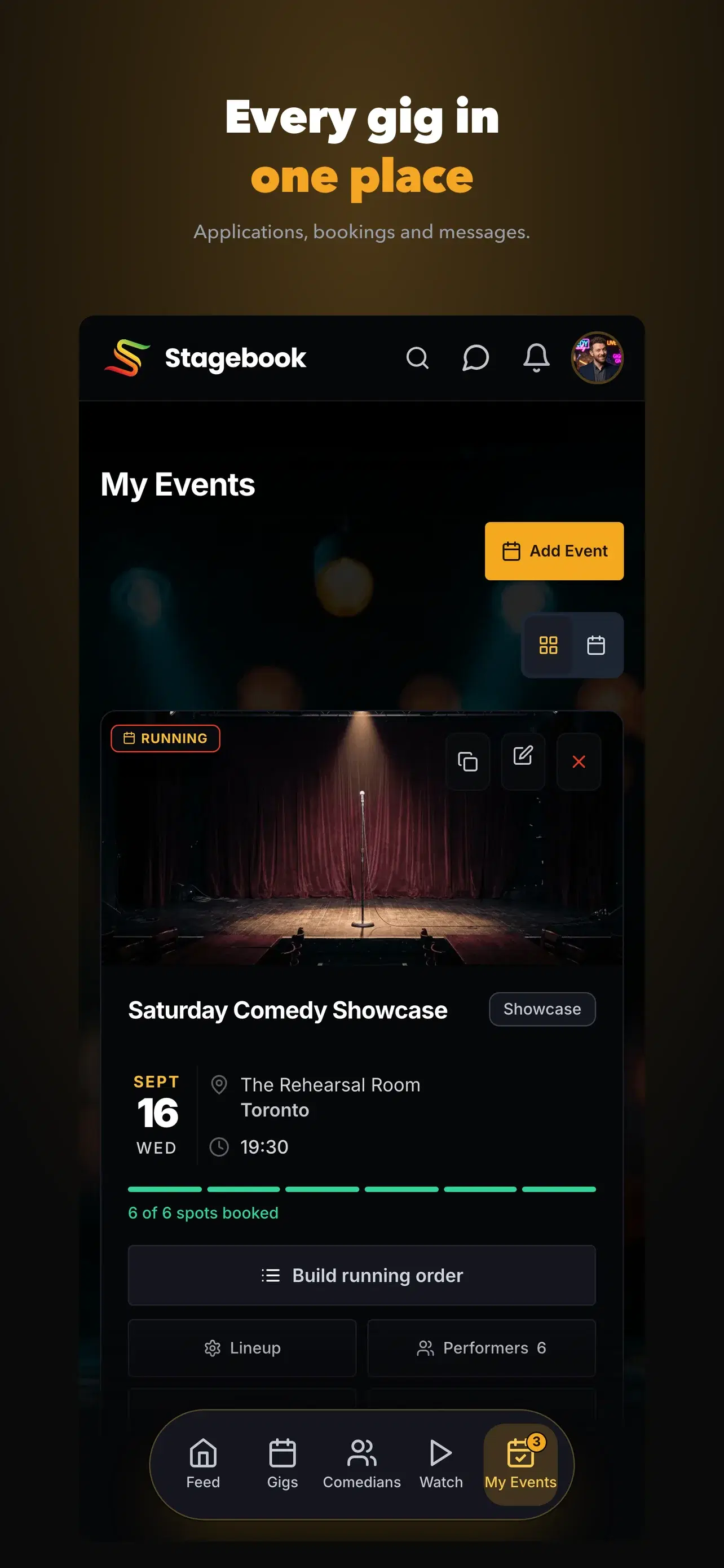 Stagebook my events screen - applications, bookings and messages in one place