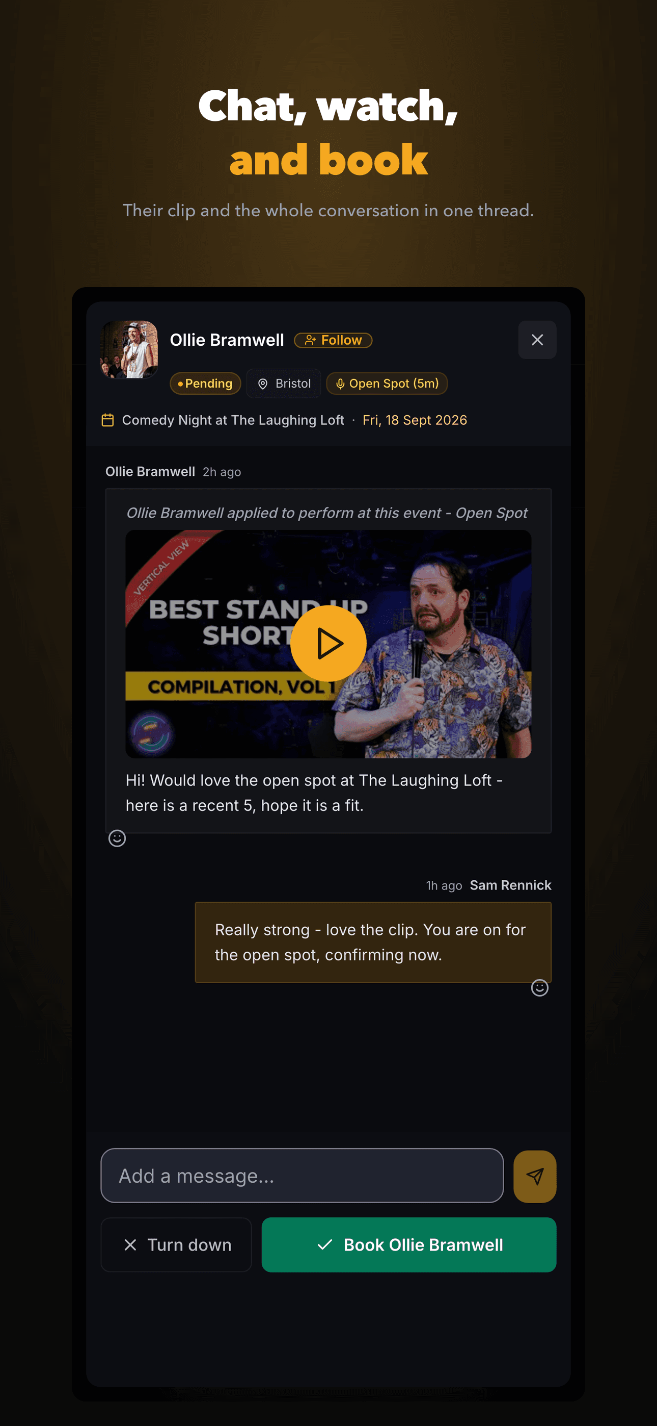 Stagebook conversation screen - chat, watch a clip, and book