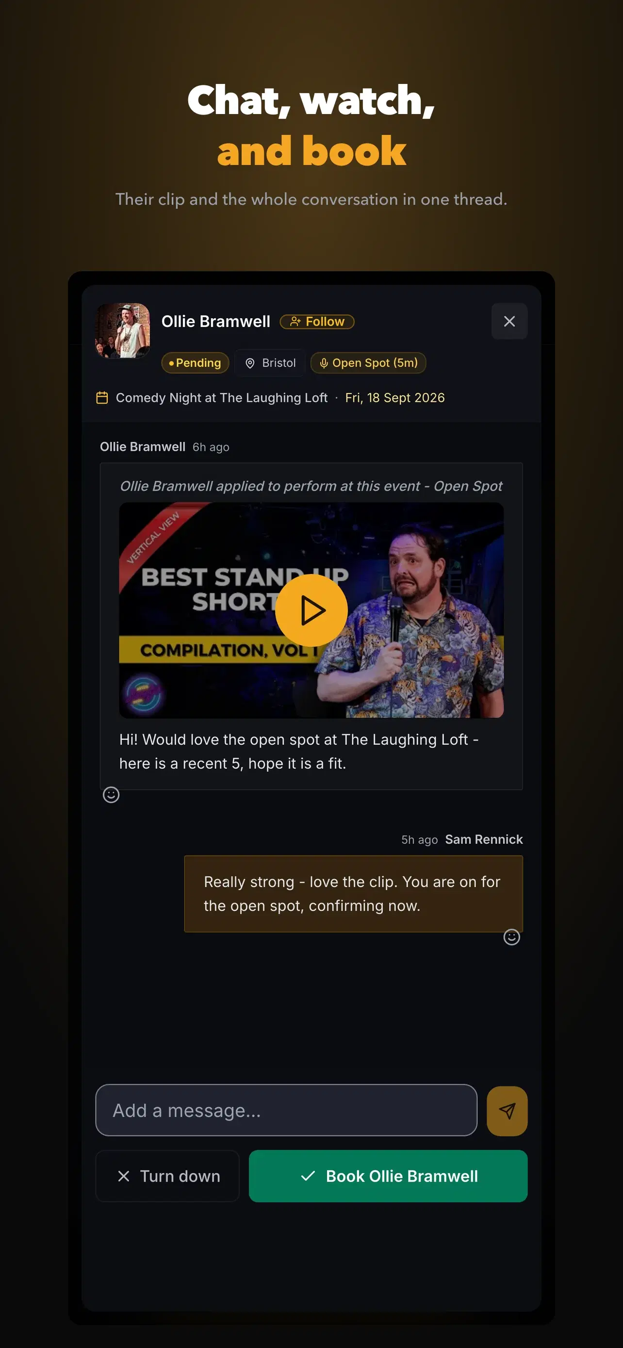 Stagebook conversation screen - chat, watch a clip, and book