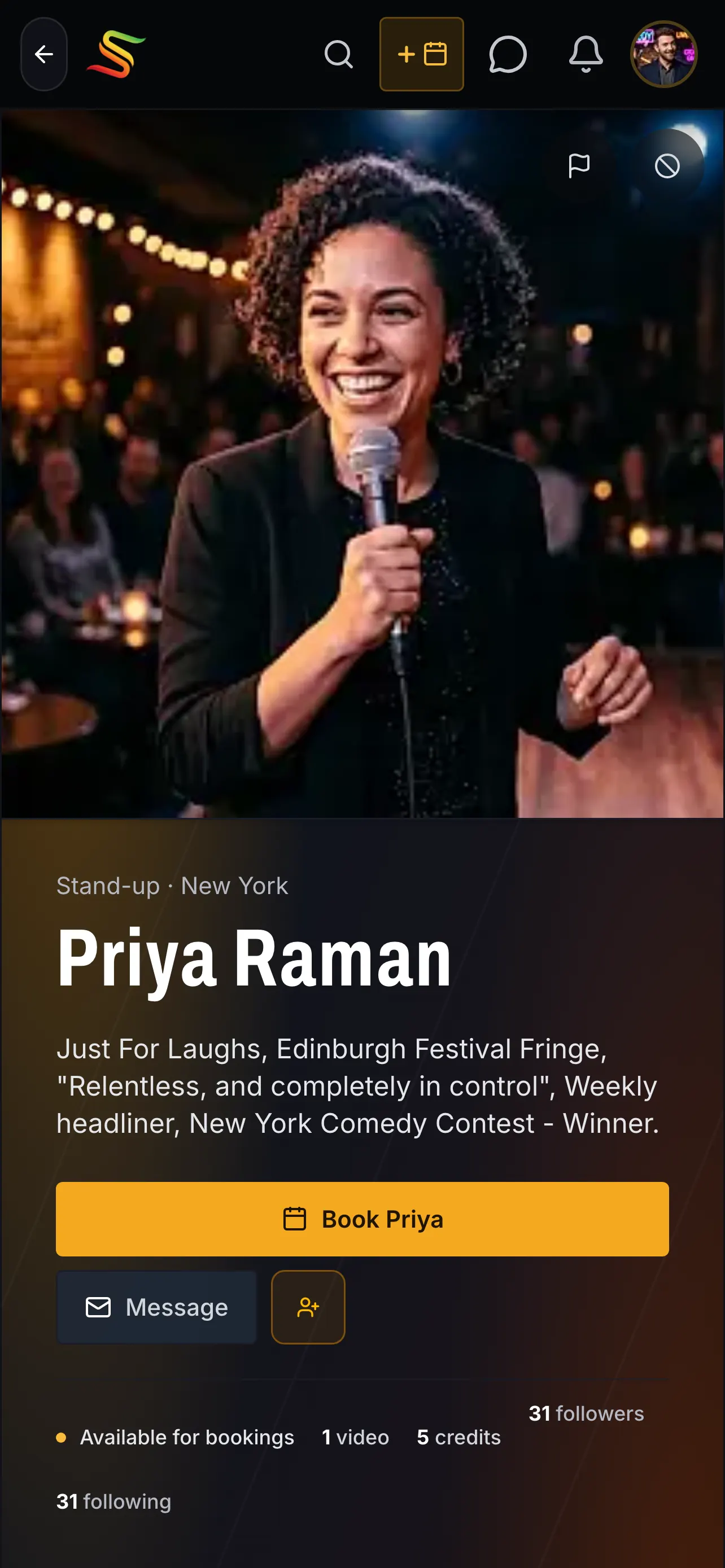 A Stagebook performer profile with a live clip, location, credits, and booking history