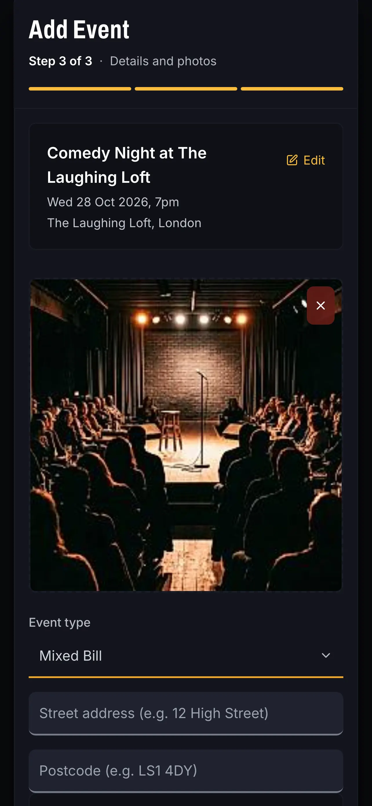 Stagebook form for publishing a comedy gig, filled in with the show name, date, venue, poster and event type